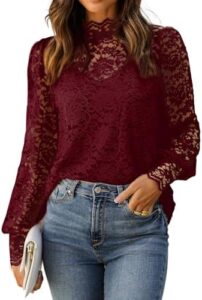 HOTOUCH Womens Lace Tops Long Sleeve Mock Neck Casual