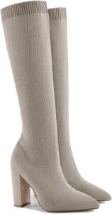 Womens Knee High Boots Mousse Fit Stretch Knitted Chunky Block Heel Non-Slip Boots